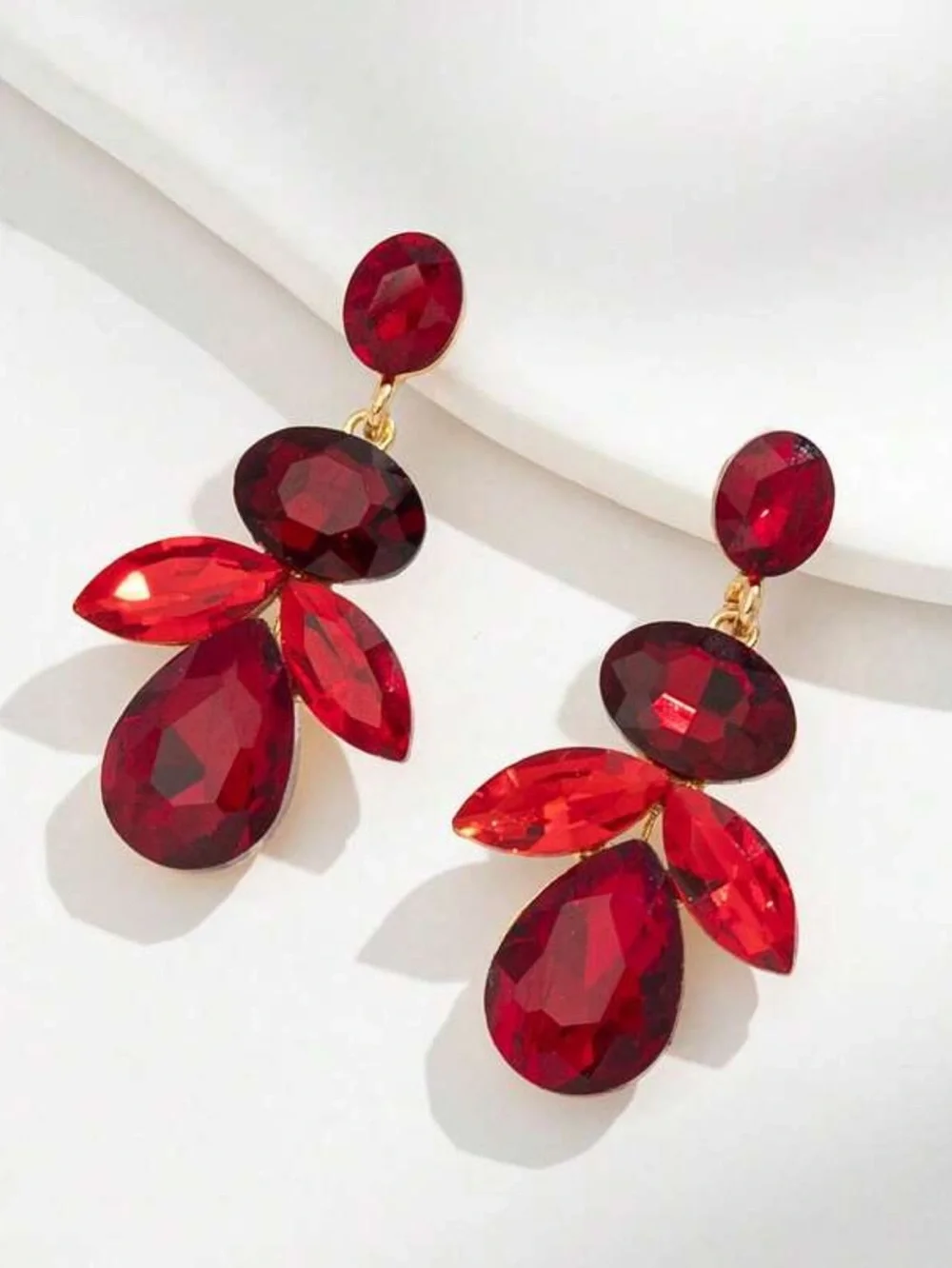 Elegant Red Teardrop Crystal Leaf Earrings
